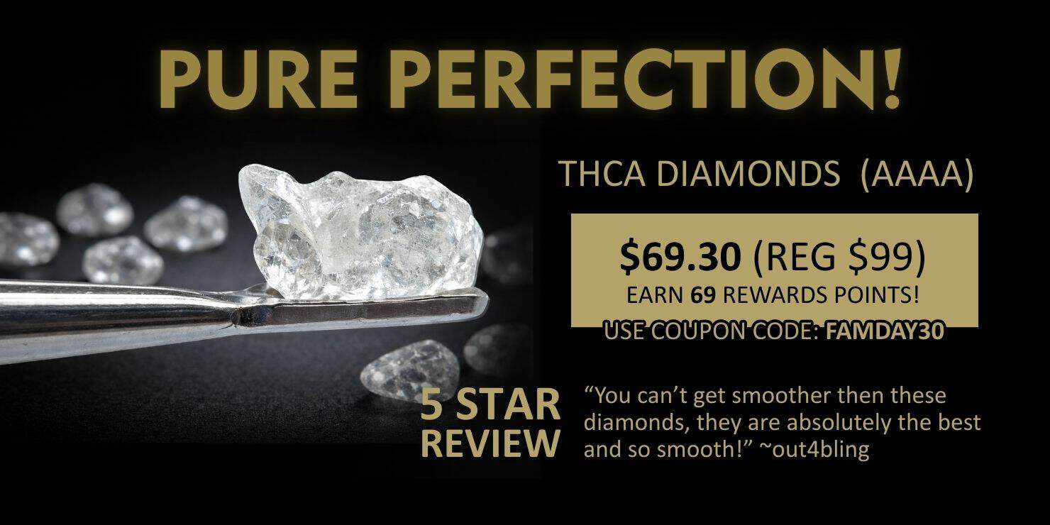 Pure Perfection THCA Diamonds (AAAA) promotional banner featuring clear crystalline concentrate on a metal dab tool, pricing details, and five-star rating graphic.