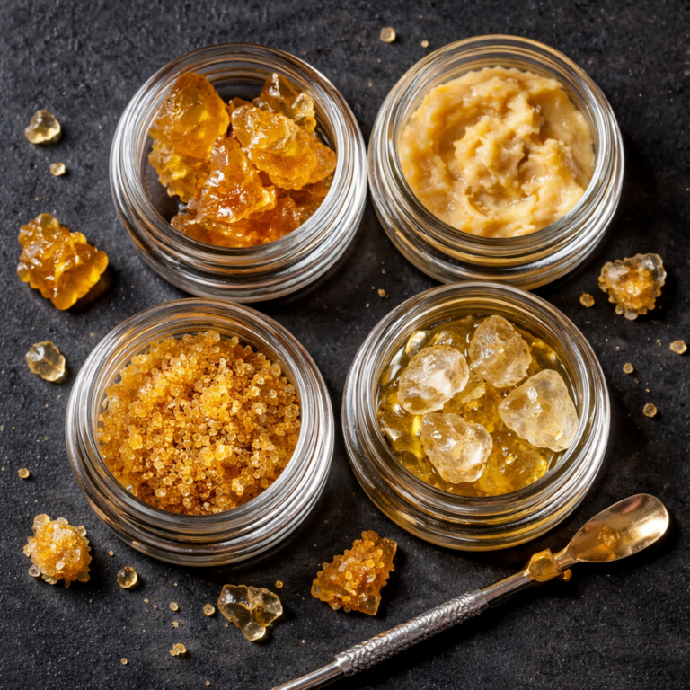 Assorted cannabis extracts including shatter, budder, live resin, and diamonds on display