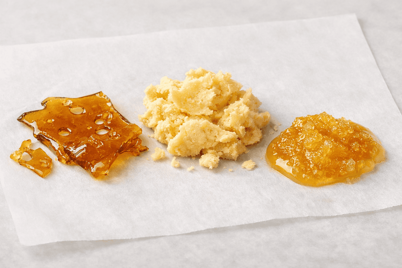 Cannabis concentrates displayed on parchment paper including golden shatter, creamy budder, and glossy live resin with detailed texture on a clean light background
