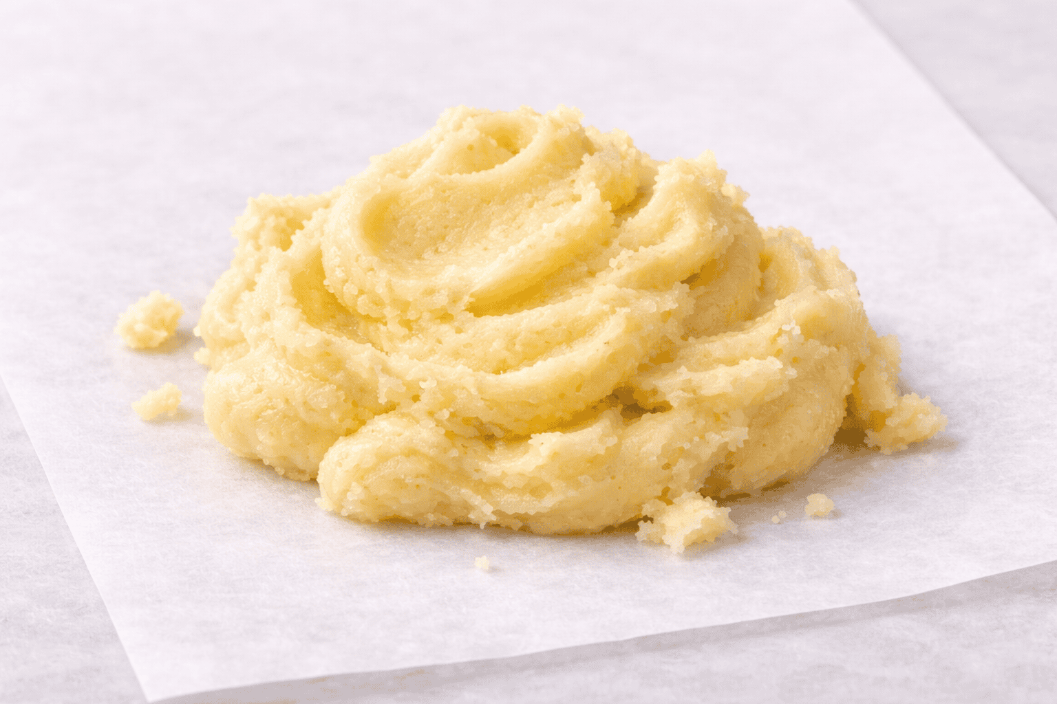 Close-up of creamy cannabis budder with a smooth whipped consistency and soft peaks, pale yellow in color, resting on white parchment against a clean light background