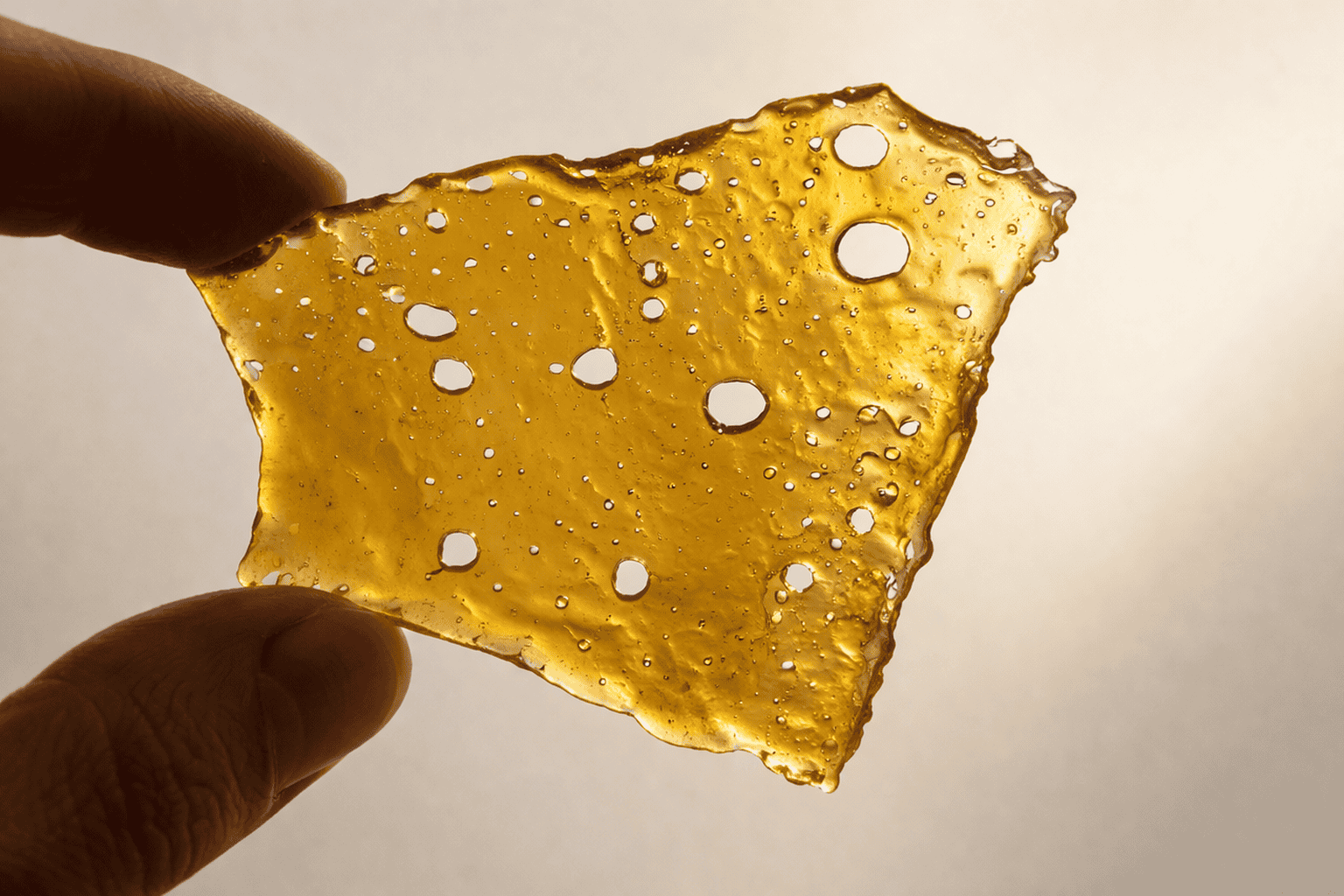Golden translucent cannabis shatter sheet held between fingers, backlit by bright natural light to highlight its amber clarity, bubbles, and delicate glass-like texture against a clean, soft background.