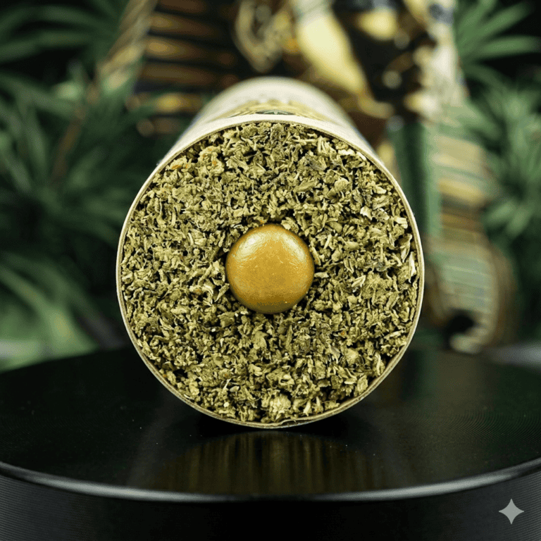 Pre-roll joint with a gold filter tip, shown upright with visible ground cannabis and a blurred greenery background.