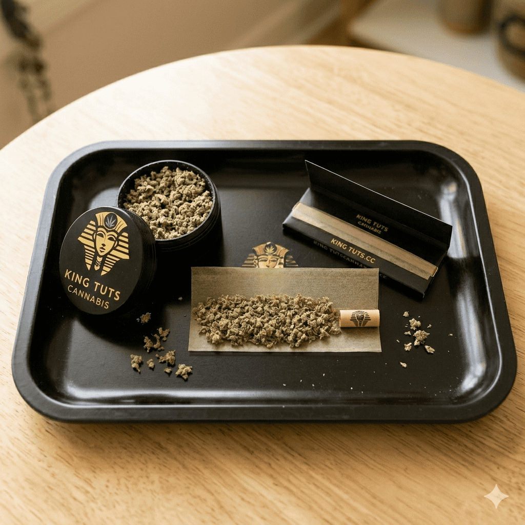 King Tut branded pre-roll joint on rolling paper with ground cannabis, black tray, and packaging box on a wooden table.