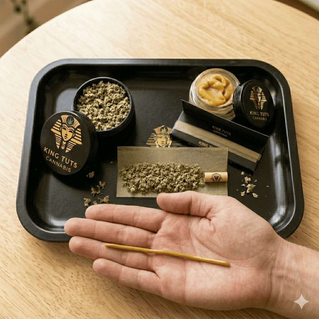 Hand holding a gold pre-roll joint beside ground cannabis, King Tut grinder, and rolling accessories on a black tray.