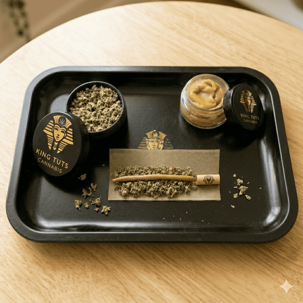 Gold-tipped pre-roll joint on rolling paper with ground cannabis, King Tut grinder, and concentrate jar on a black tray.