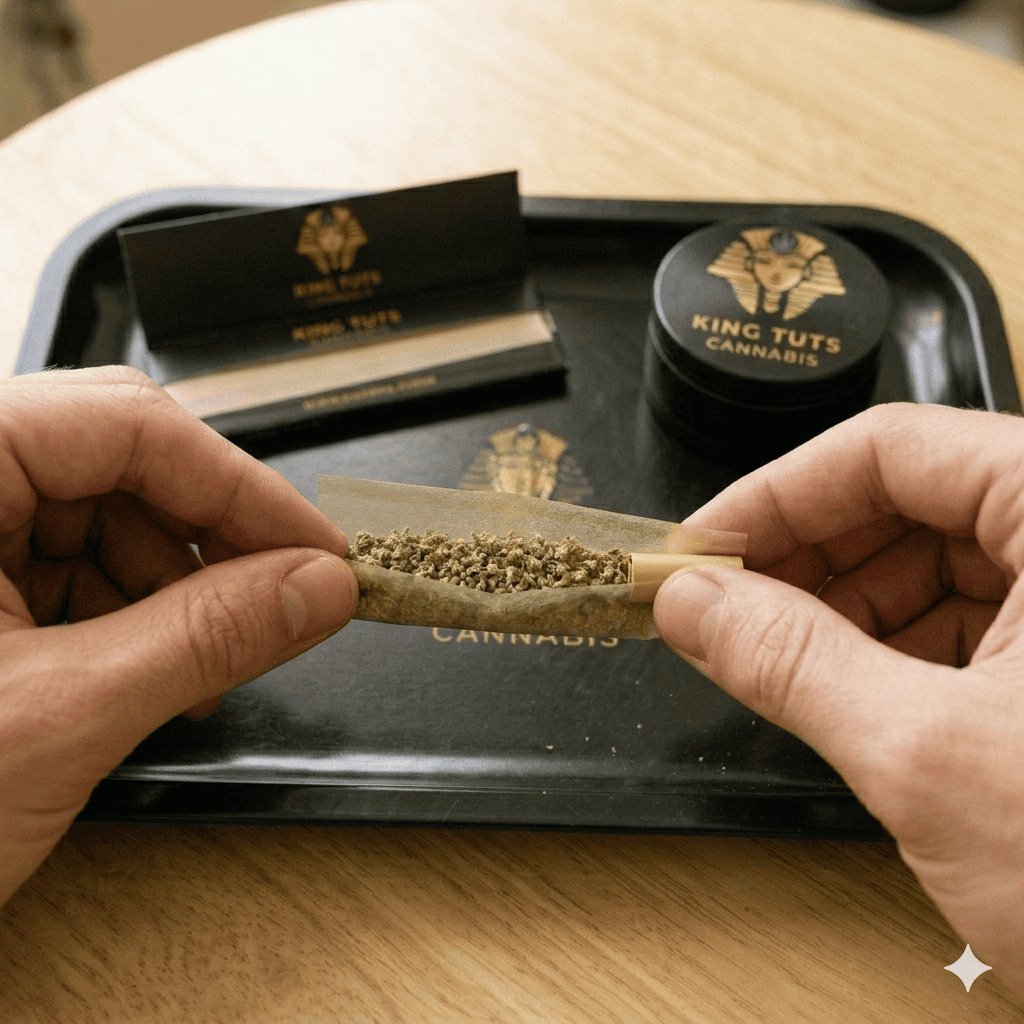Hands rolling a pre-roll joint with ground cannabis on paper, King Tut grinder and packaging on a black tray in the background.