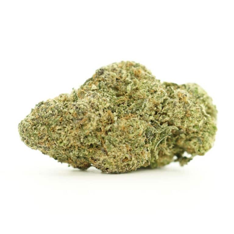 candy close-up image of cannabis bud with frosty trichomes on a crisp white background