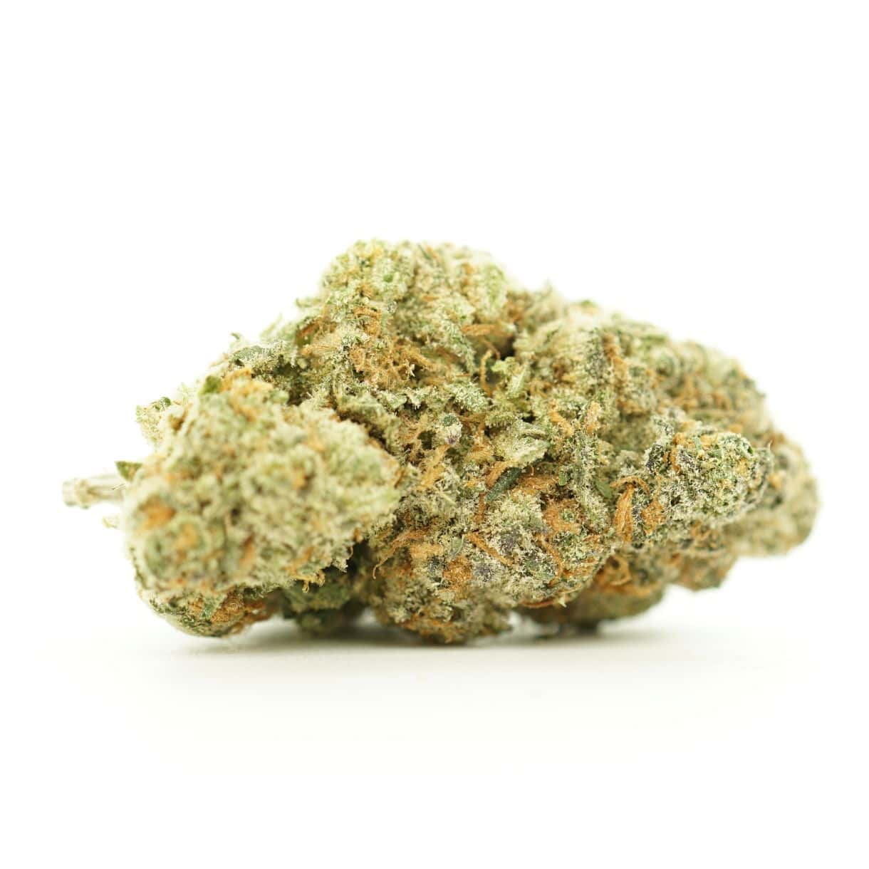 cheese close-up image of cannabis bud with frosty trichomes on a crisp white background