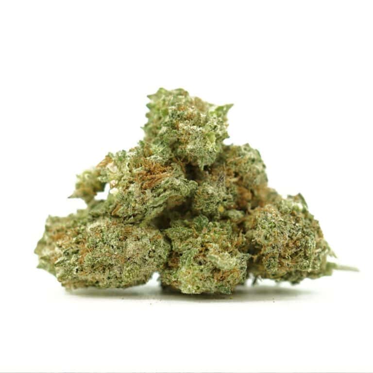 Close-up image of cannabis buds with frosty trichomes on a crisp white background