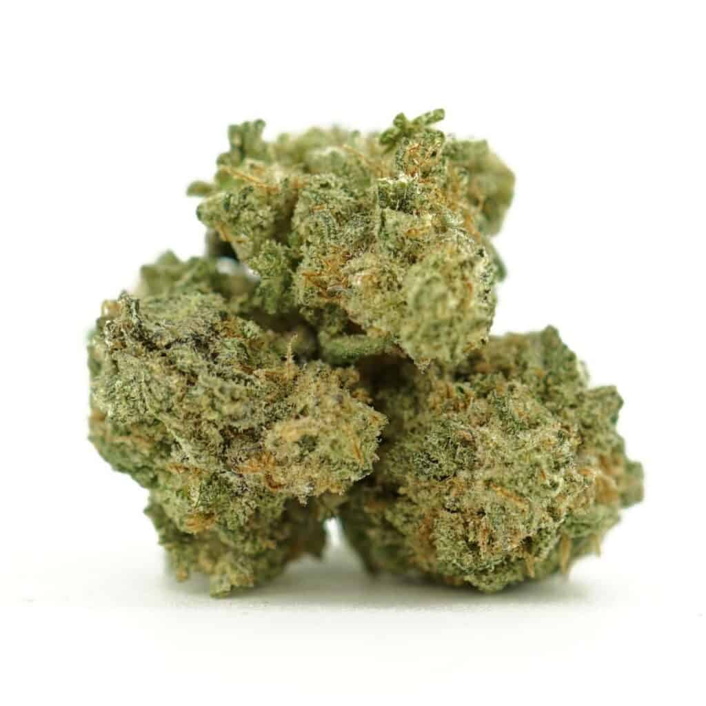 Dense mac donuts flower with frosty trichomes in foreground, glass jar softly blurred on a crisp white background