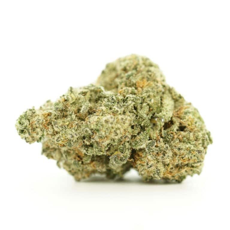 powdered donuts close-up image of cannabis bud with frosty trichomes on a crisp white background