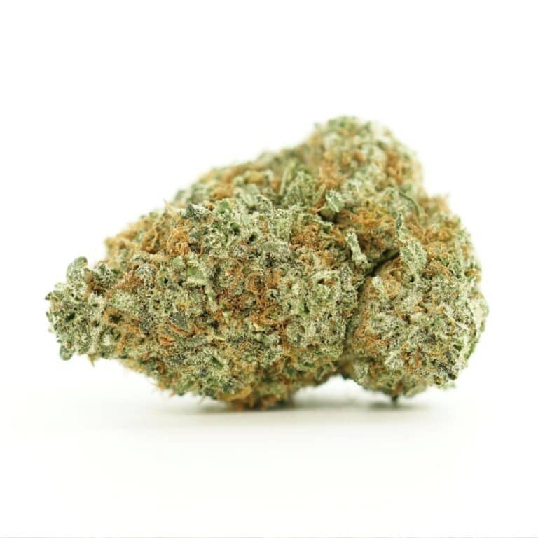 strawberry cheesecake close-up image of cannabis bud with frosty trichomes on a crisp white background