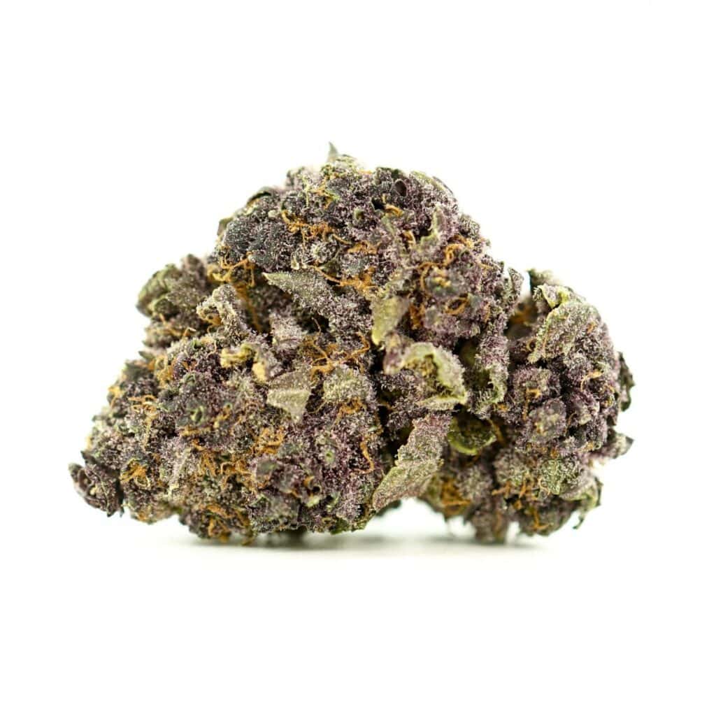 Close-up image of cannabis bud with frosty trichomes on a crisp white background