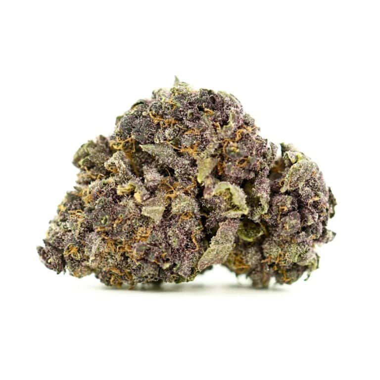 Close-up image of cannabis bud with frosty trichomes on a crisp white background