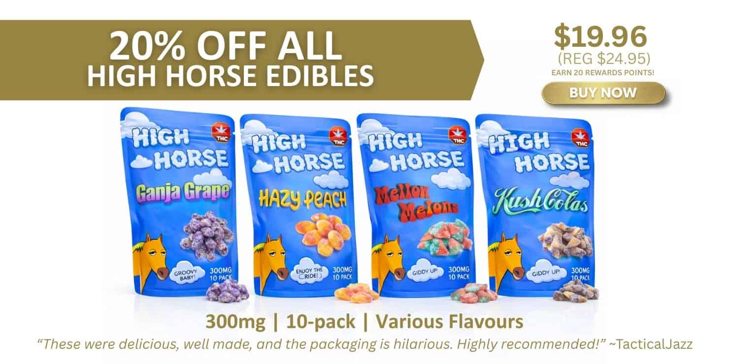 High Horse cannabis edibles promotion banner showing assorted candy bites packs with 20 percent off pricing and product details displayed
