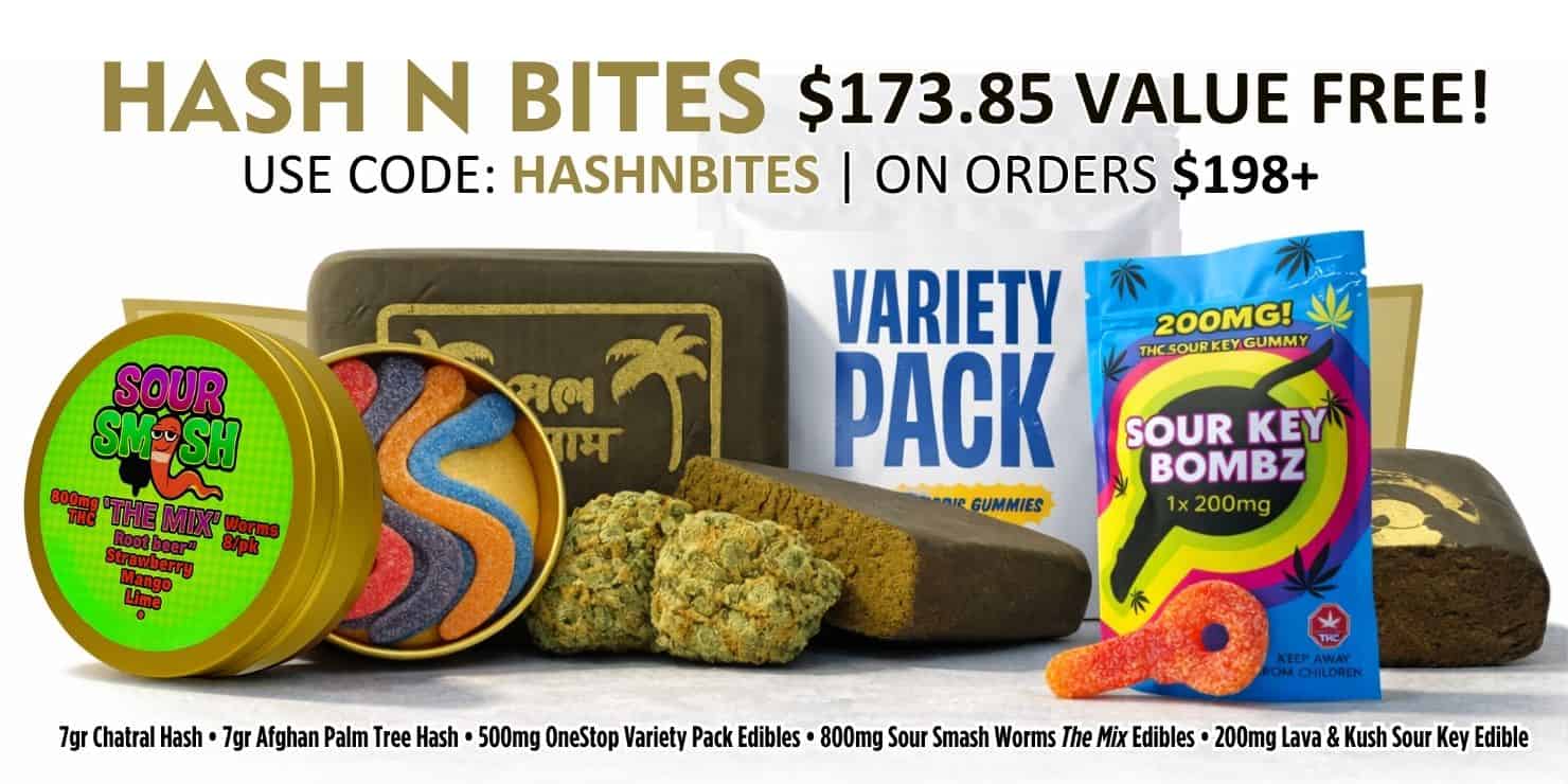 Hash N Bites edibles assortment featuring gummies, chocolate bars, and cannabis-infused treats with promotional offer banner