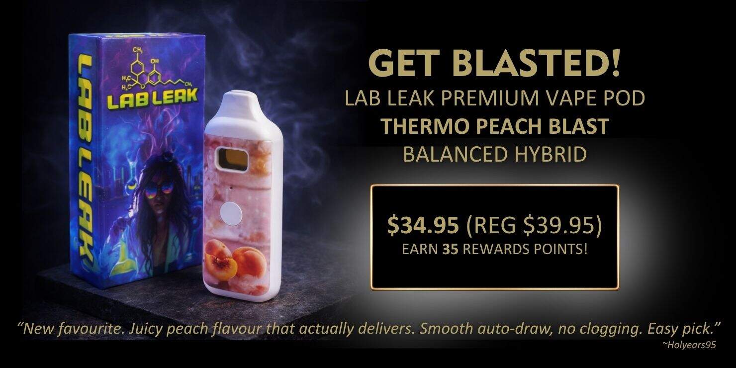 Lab Leak Thermal Peach Blast vape pod alongside e-liquid bottle on a dark background with pricing and promotional text