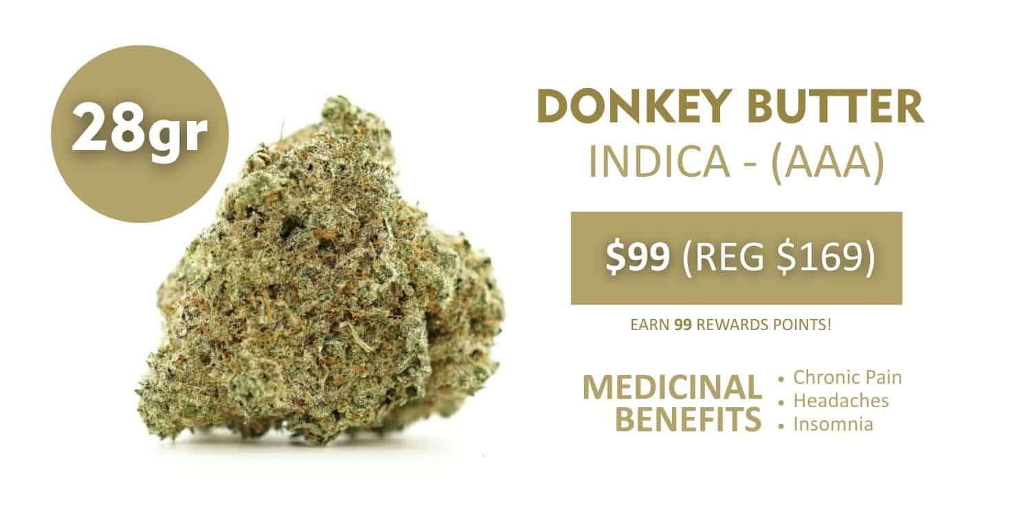 Donkey Butter indica cannabis flower (AAA) 28g product image with dense bud, pricing, and listed medicinal benefits on white background