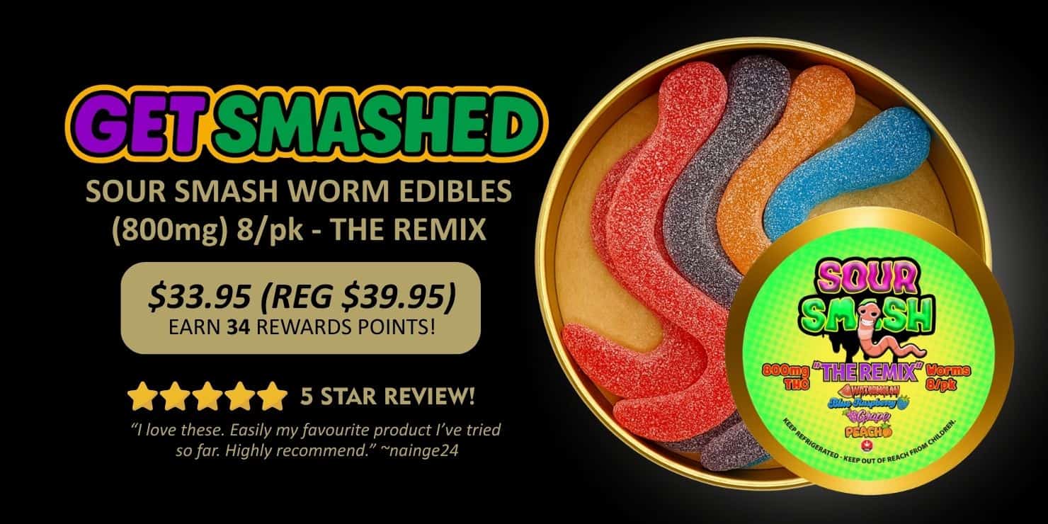 Get Smashed Sour Smash THC gummy worms (800mg) product image with assorted flavours, pricing, and colorful candy display on dark background