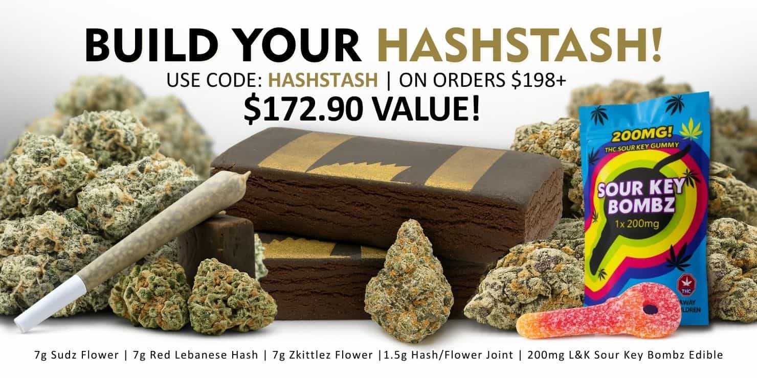 Build Your Hashstash cannabis bundle promotion featuring mixed premium flower and infused gummies with $172.90 value offer using code HASHSTASH.