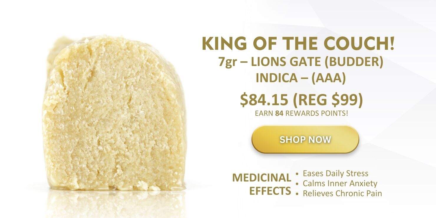 King of the Couch Lions Gate budder cannabis extract product image showing pale yellow creamy texture with pricing and strain details displayed