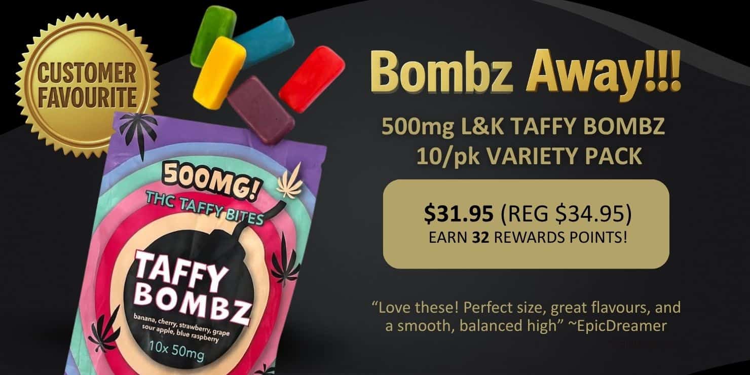Taffy Bombz cannabis gummies by Bombz Away in assorted flavors displayed with packaging, THC dosage, pricing, and customer favourite badge.