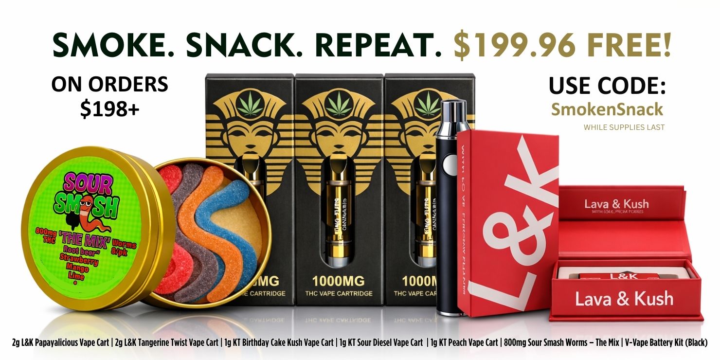 Smoke Snack Repeat promotion banner showing grinder, rolling papers, snack items and free gift offer on orders over $198 with coupon code.