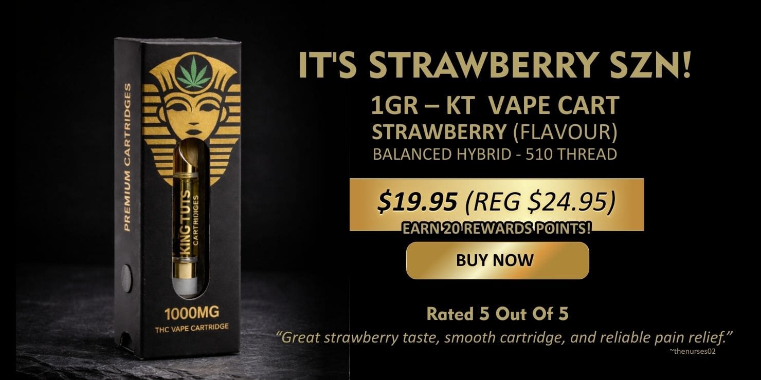 King Tuts Strawberry SZN vape cartridge promotion banner featuring 1g strawberry flavour vape cart with discounted pricing and product packaging displayed