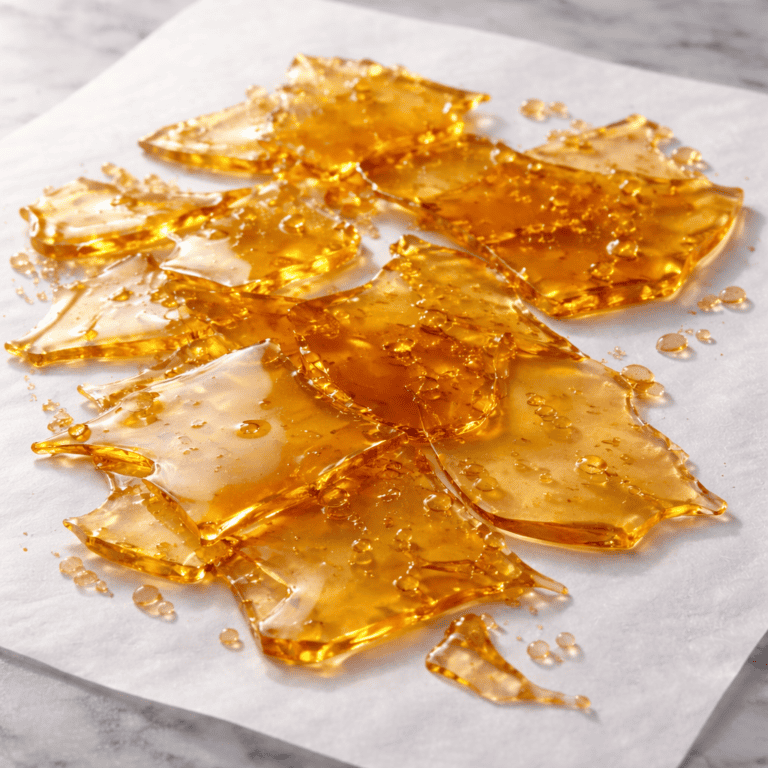 High-quality cannabis shatter with golden translucent glass-like appearance