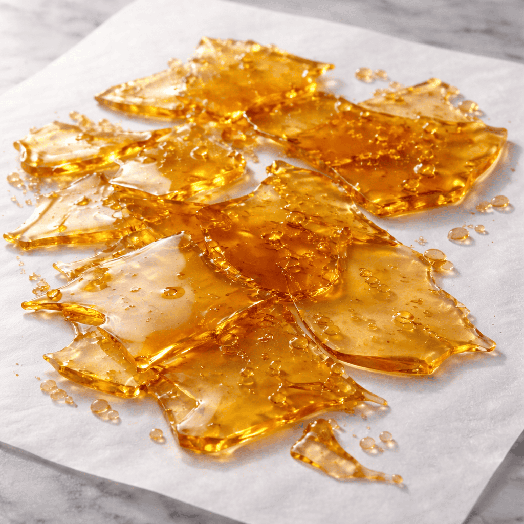 High-quality cannabis shatter with golden translucent glass-like appearance