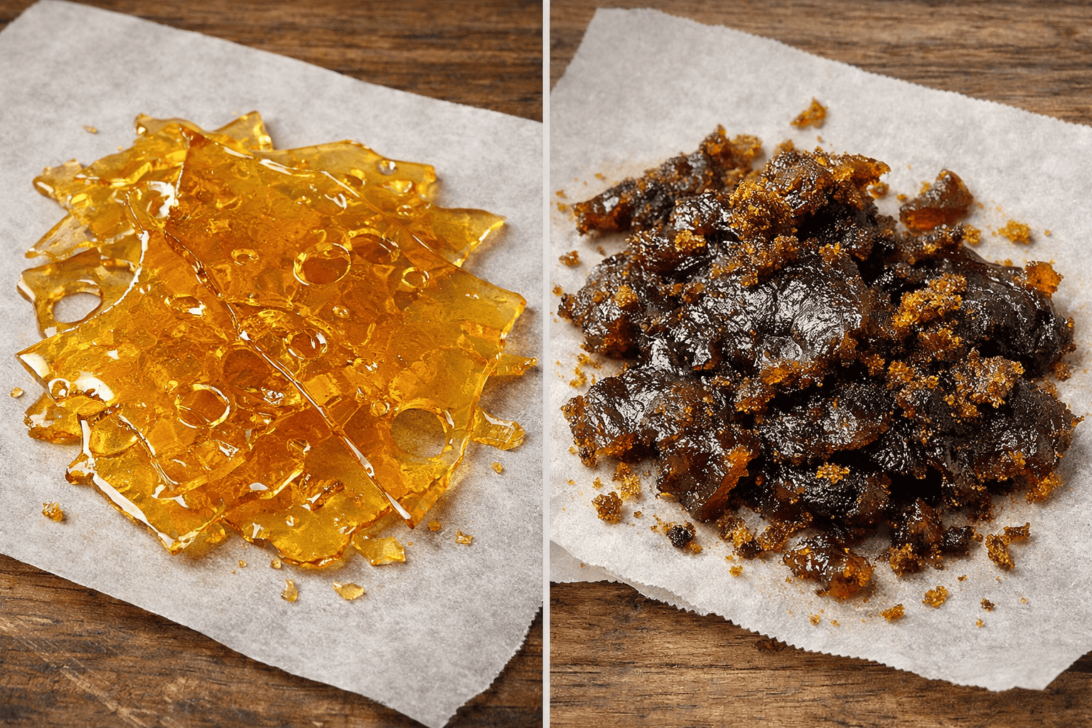 Comparison of good vs bad shatter showing color and texture differences