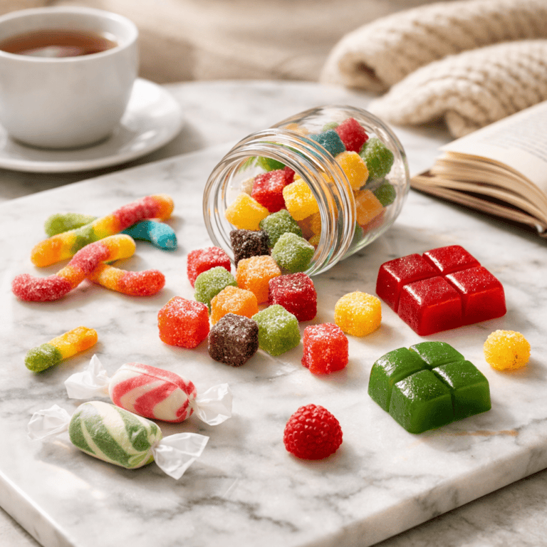 Colorful cannabis-infused gummy candies and chocolate pieces arranged on a marble surface, including red and green chocolate squares and assorted fruit-shaped gummies, styled in a clean, high-resolution composition.