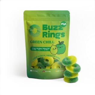 Buzz Rings Green Chill 500mg THC edible rings packaging with green sugar-coated gummies displayed in front