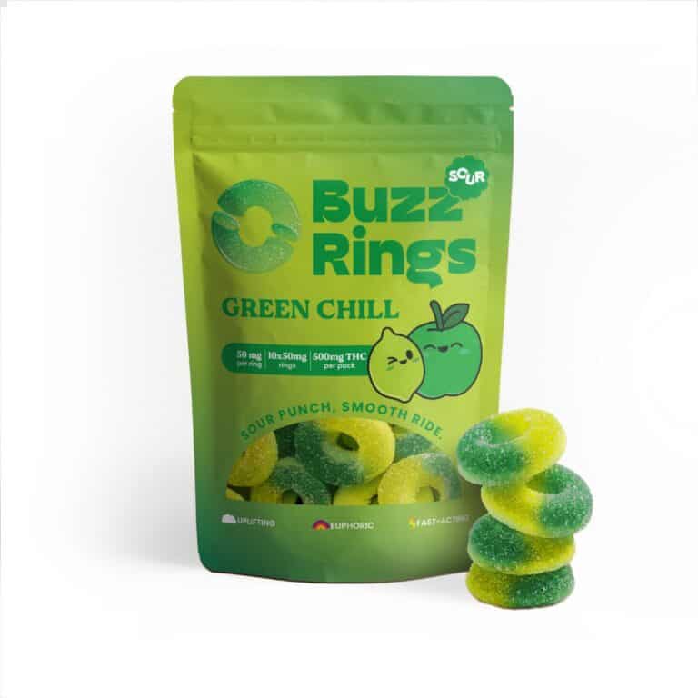 Buzz Rings Green Chill 500mg THC edible rings packaging with green sugar-coated gummies displayed in front