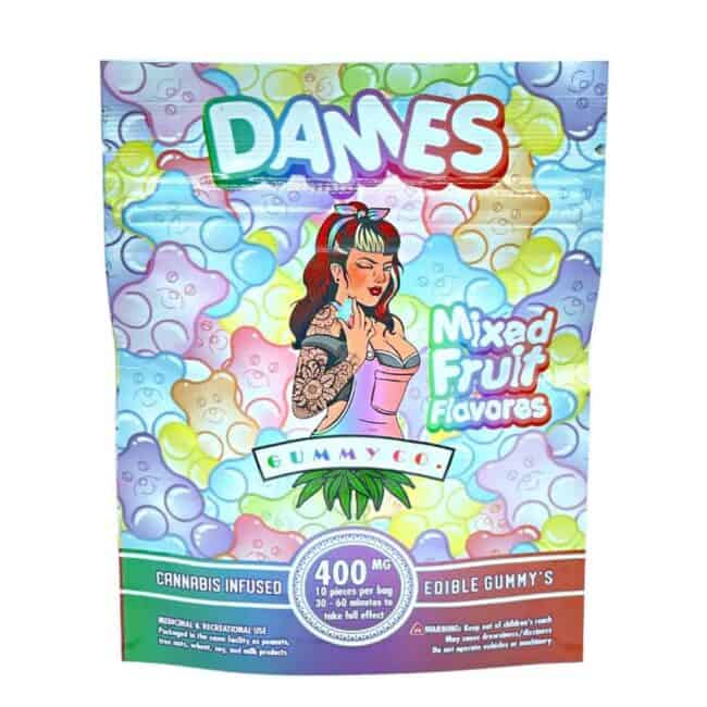 Dames Gummy Co Sour Mixed Fruit THC gummies 400mg pack with 10 pieces colourful packaging front view