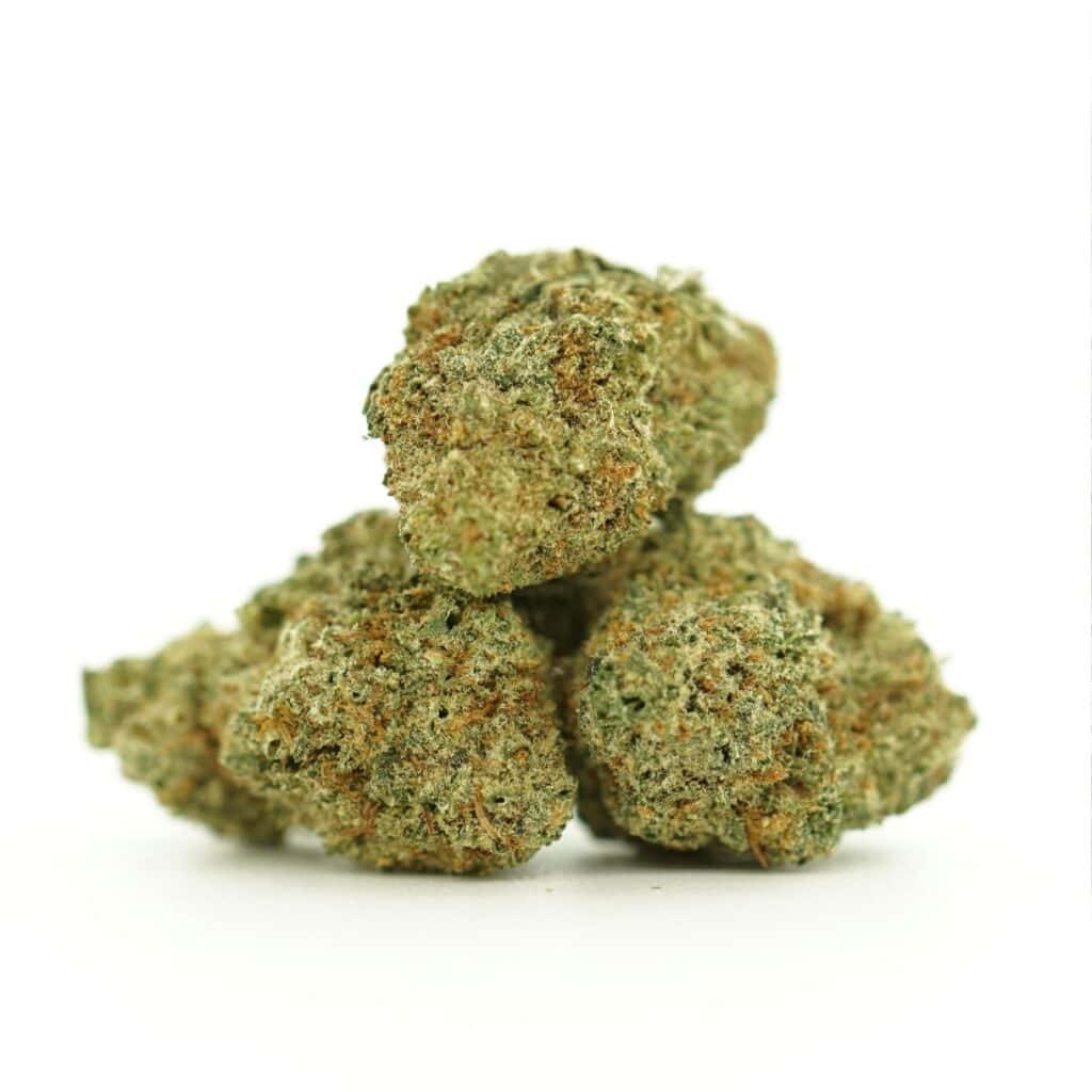 purple panty dropper smalls close-up image of cannabis bud with frosty trichomes on a crisp white background