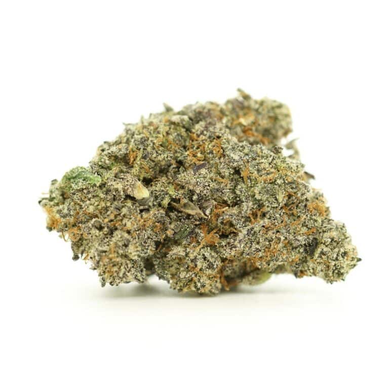 purple truff close-up image of cannabis bud with frosty trichomes on a crisp white background