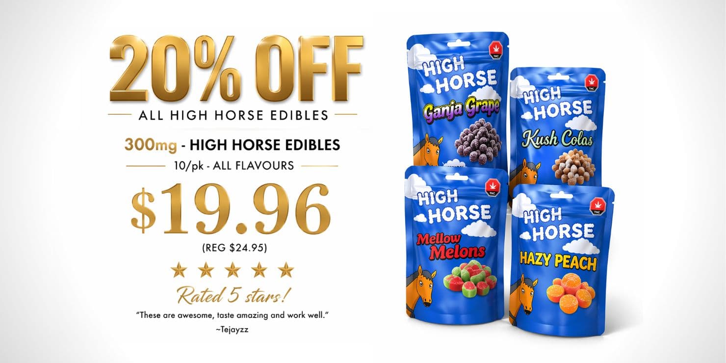 20 percent off High Horse edibles 300mg 10 pack all flavours priced at $19.96 with product packaging on white background