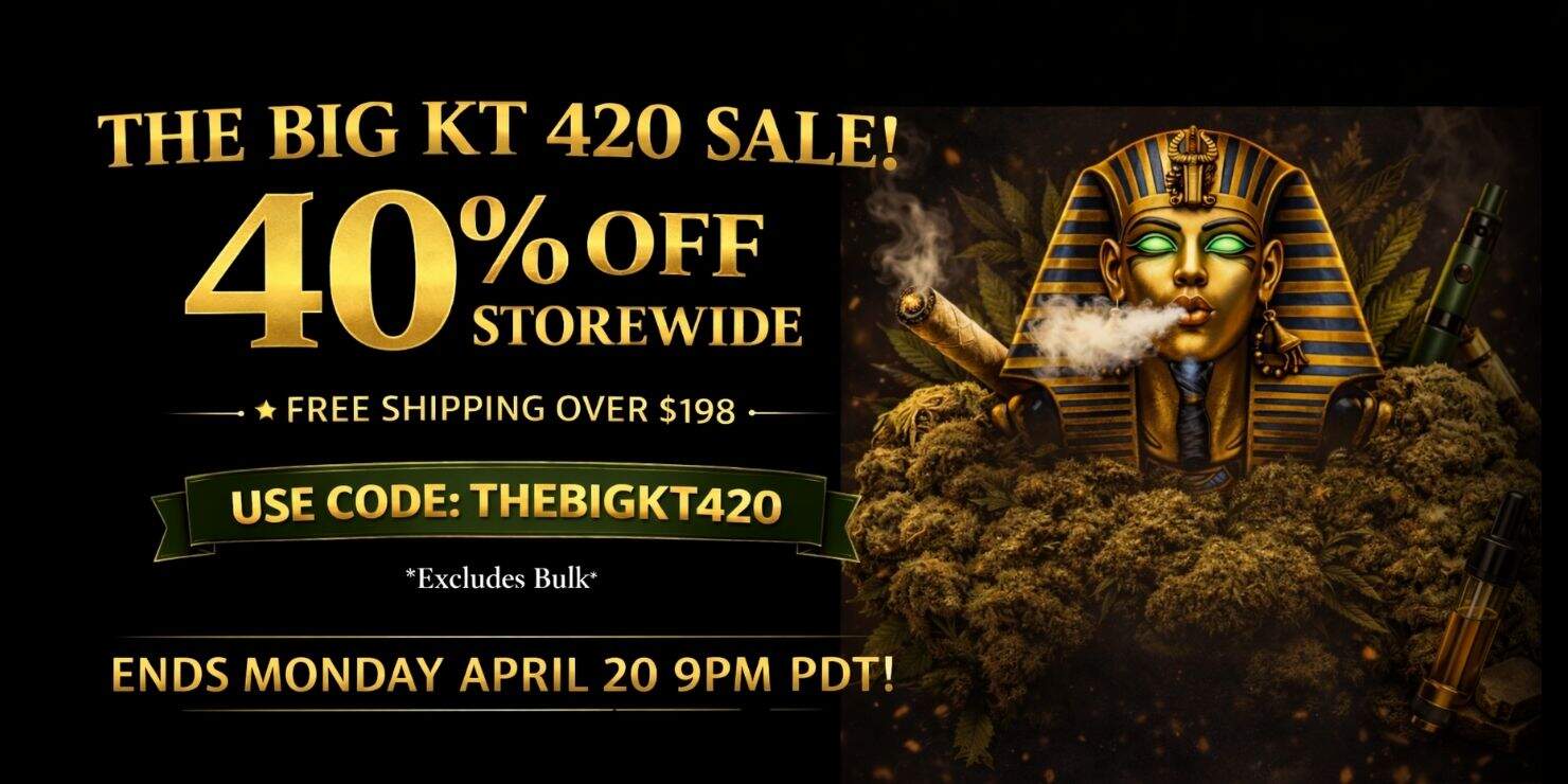 Promotional banner featuring a storewide cannabis sale with discount offer, free shipping threshold, and a gold pharaoh graphic on a dark textured background.