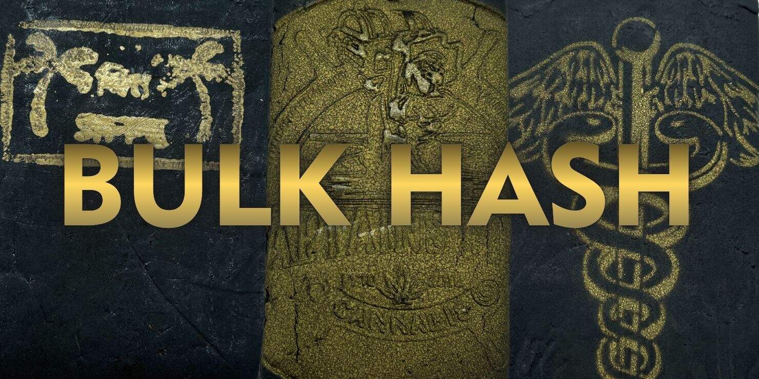 Bulk hash banner with gold embossed typography over a dark textured background featuring cannabis leaves and a caduceus symbol, conveying a premium, medical-inspired aesthetic