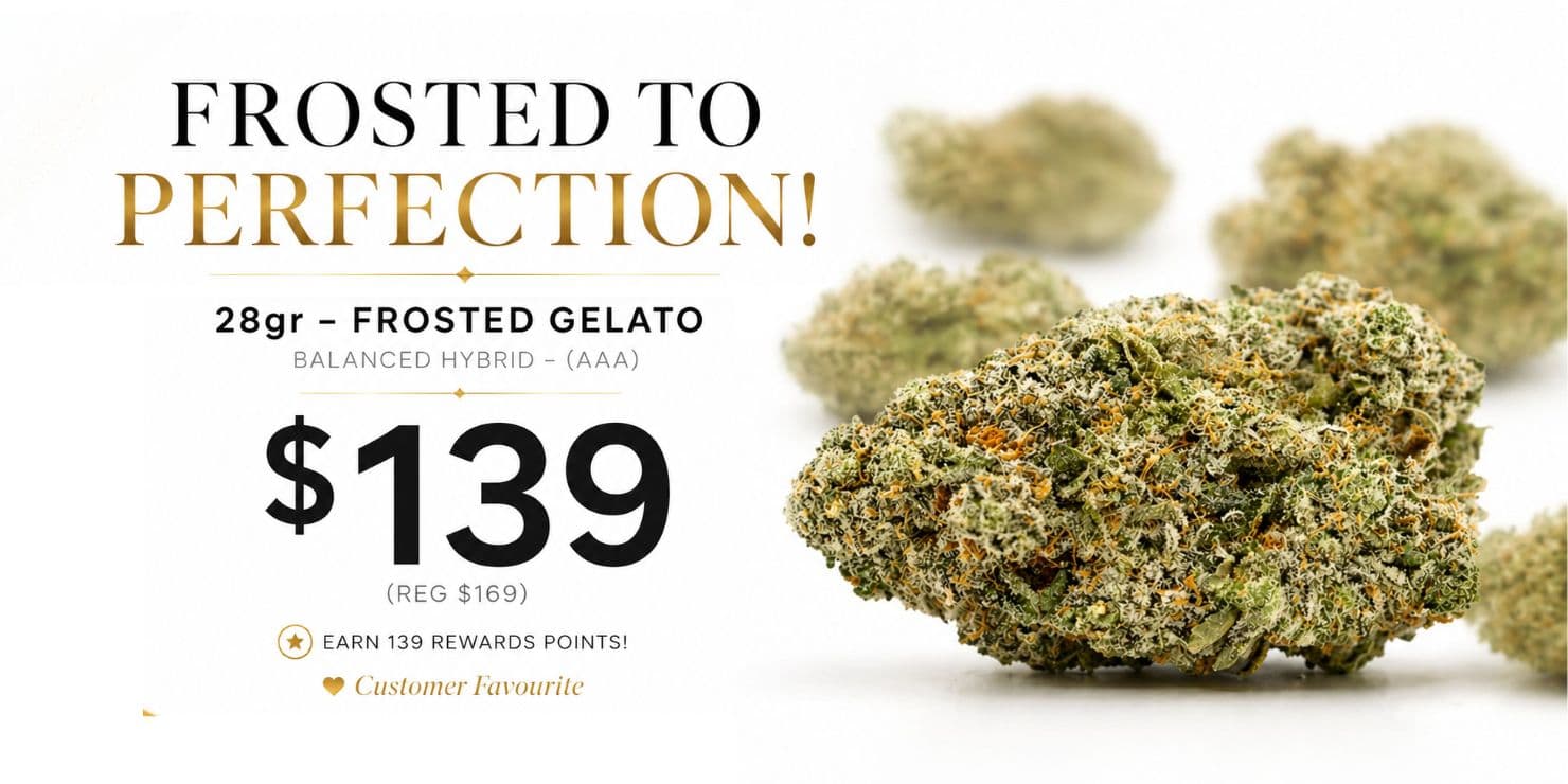 Frosted Gelato cannabis flower promo banner showing 28g for $139 with close-up of frosty buds on a clean white background