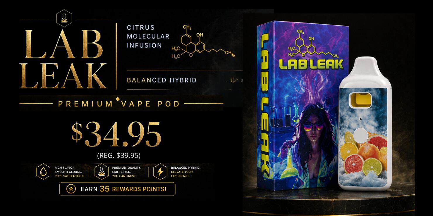 Lab Leak premium vape pod promotion featuring citrus molecular infusion hybrid, product packaging and device shown, priced at $34.95 with rewards points offer