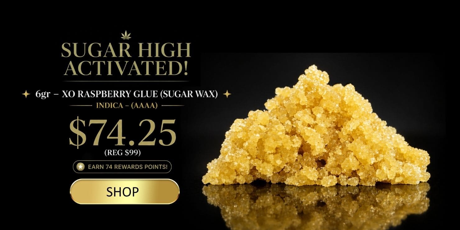 Sugar High Activated cannabis concentrate promotion featuring golden crumble extract with price $74.25 and shop call-to-action