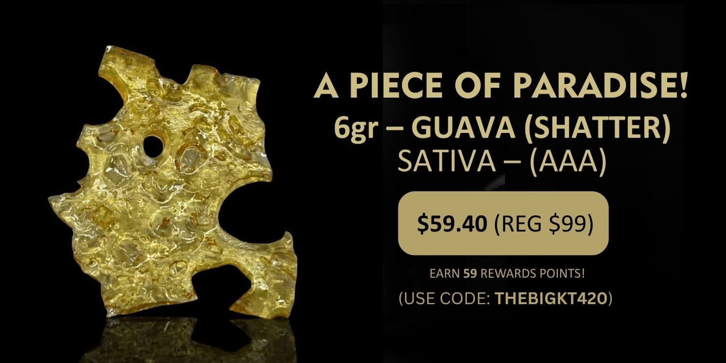 Guava Shatter cannabis concentrate (6g) on black background with gold branding, labeled sativa strain and price $59.40 (reg $99).