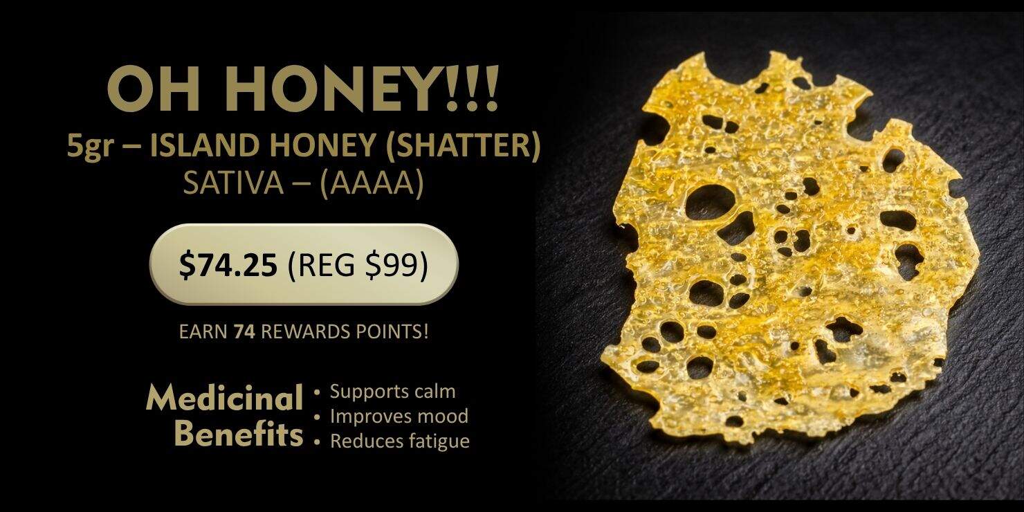 King Tuts “Oh Honey!!” shatter product featuring 5g of sativa AAAA cannabis extract with pricing and rewards points offer displayed.