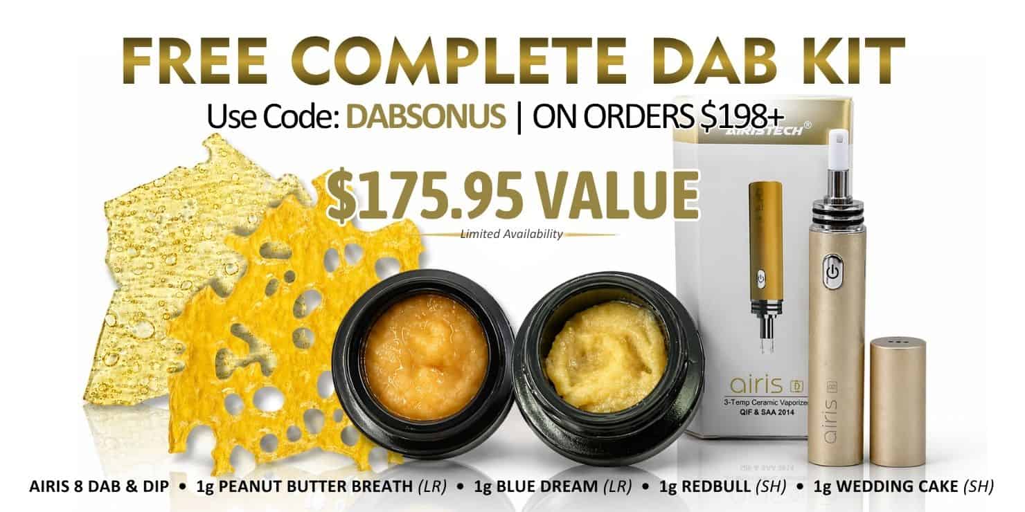 Premium cannabis dab kit featuring concentrates, torch, and tools with “Free Complete Dab Kit” promotion and $175.95 value displayed