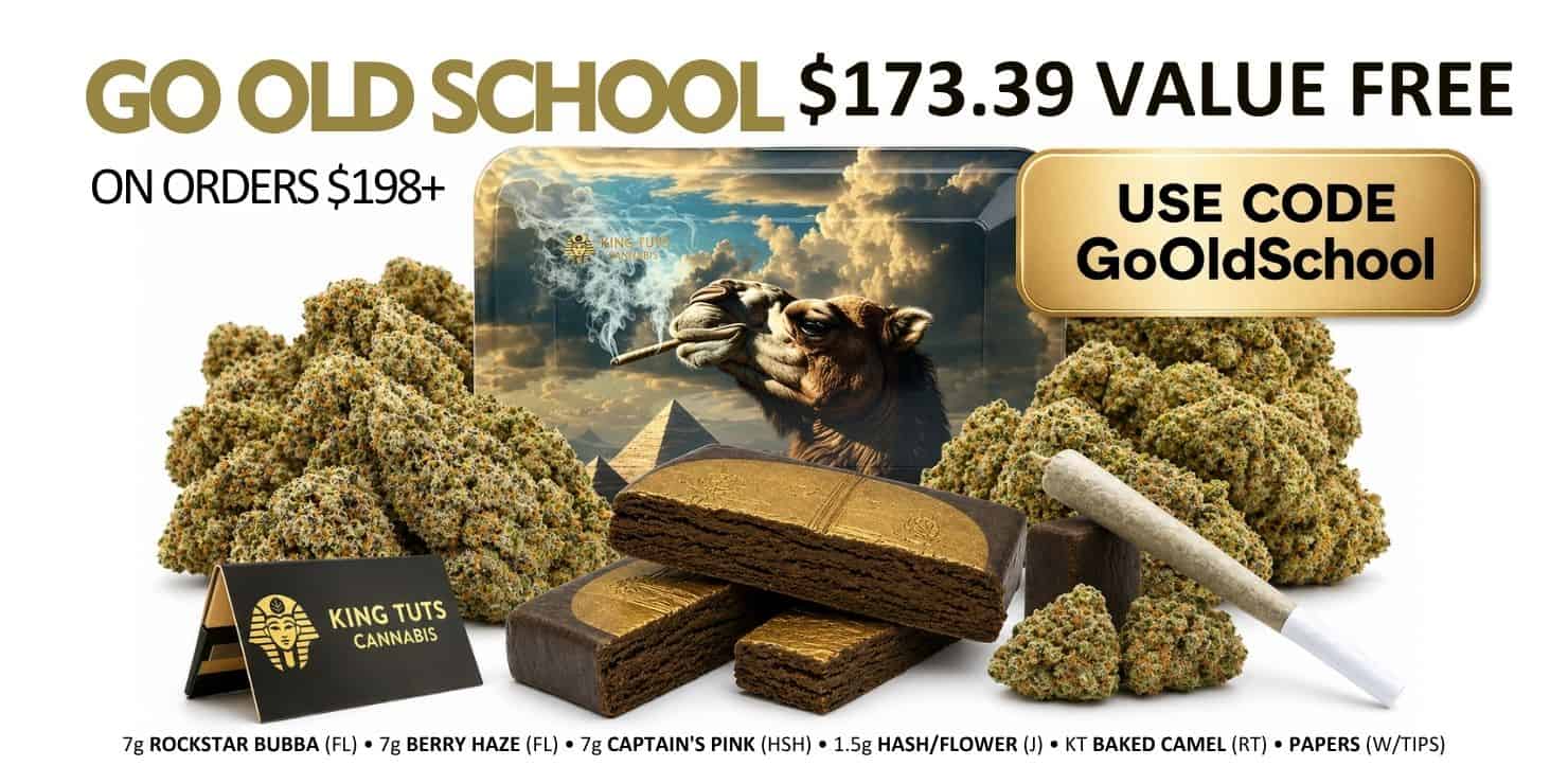 Old school cannabis buds with hash and promo text “$173.39 value free on orders $198+ use code GoOldSchool” displayed in a product banner
