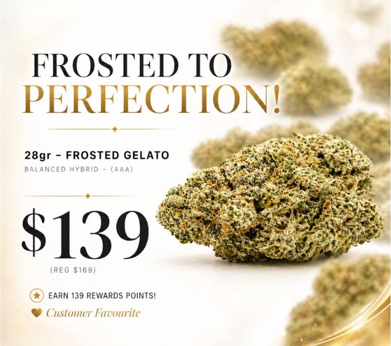 Frosted Gelato cannabis flower promo banner showing 28g for $139 with close-up of frosty buds on a clean white background