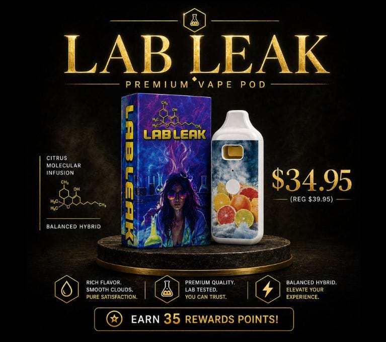 Lab Leak premium vape pod promotion featuring citrus molecular infusion hybrid, product packaging and device shown, priced at $34.95 with rewards points offer