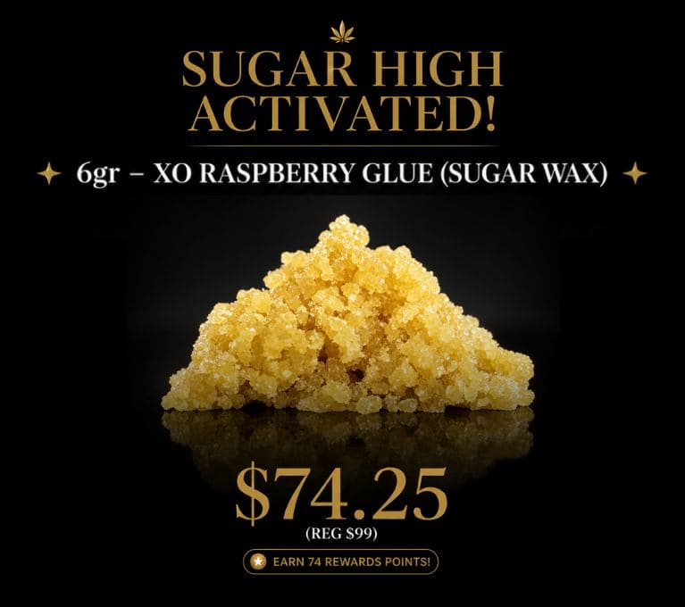 Sugar High Activated cannabis concentrate promotion featuring golden crumble extract with price $74.25 and shop call-to-action